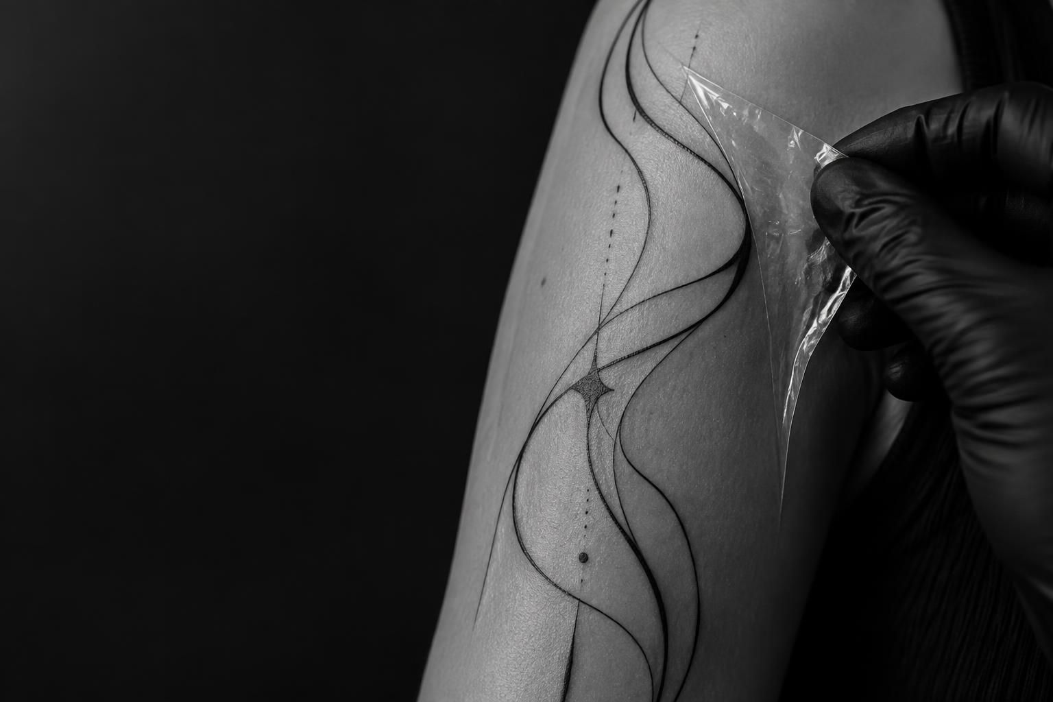 Fresh fine-line tattoo protected with a transparent healing film